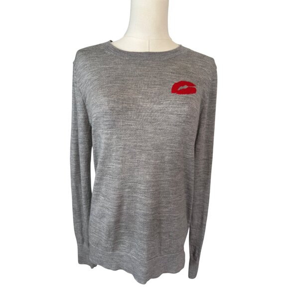 Banana Republic Small Gray Merino Wool Sweater Red Lip Detail - Picture 8 of 12